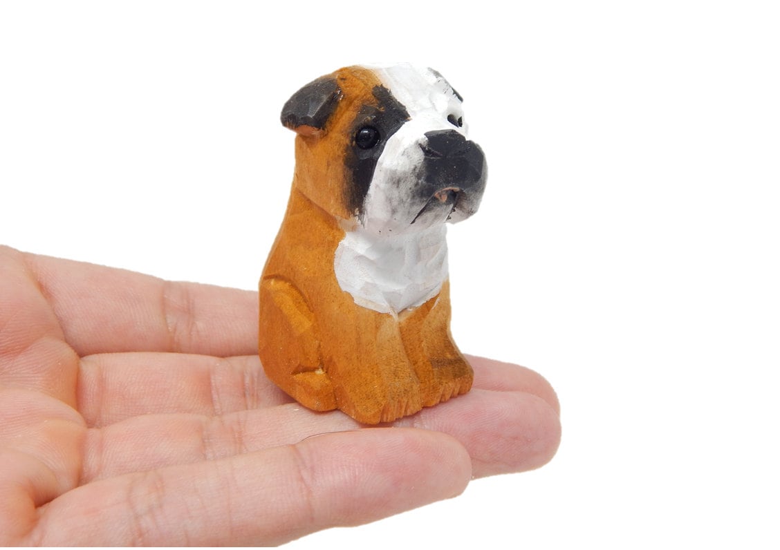 Hand-Carved Wooden Bulldog Ornament – Miniature Pet Holiday Decor