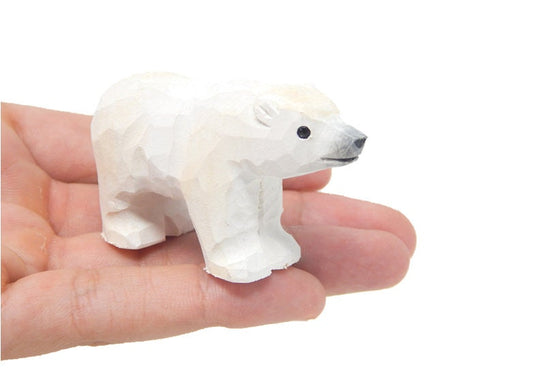 White Polar Bear - Small 2" Wooden Figurine - Arctic North Pole Snow Antarctica Carving Hand-Made Decoration Miniature Animals Woodwork