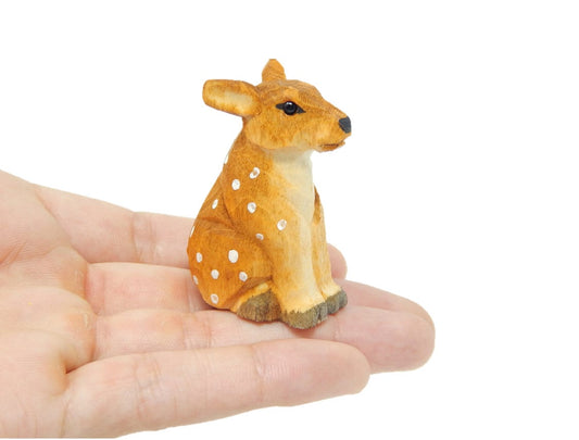 Spotted Deer - White-tailed Forest Fawn Reindeer Roe Buck Fallow Doe Miniature Hand-Painted Wooden Carved Ornament Figurine Small Animals