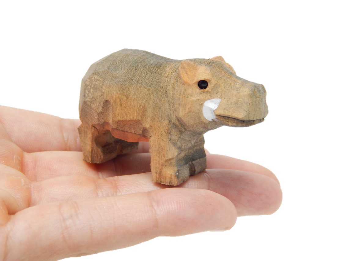 Handmade Wooden African Hippo Ornament  – Miniature Pygmy Figurine  Decor