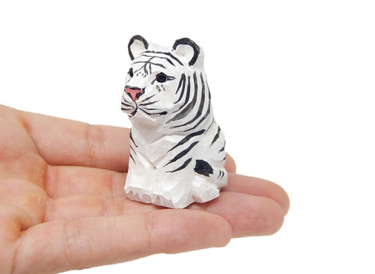 White Tiger Figurine Decoration Wooden Statue Snow Bleached Albino Art Cat Bengal Striped Miniature Carved Small Animal Sculpture