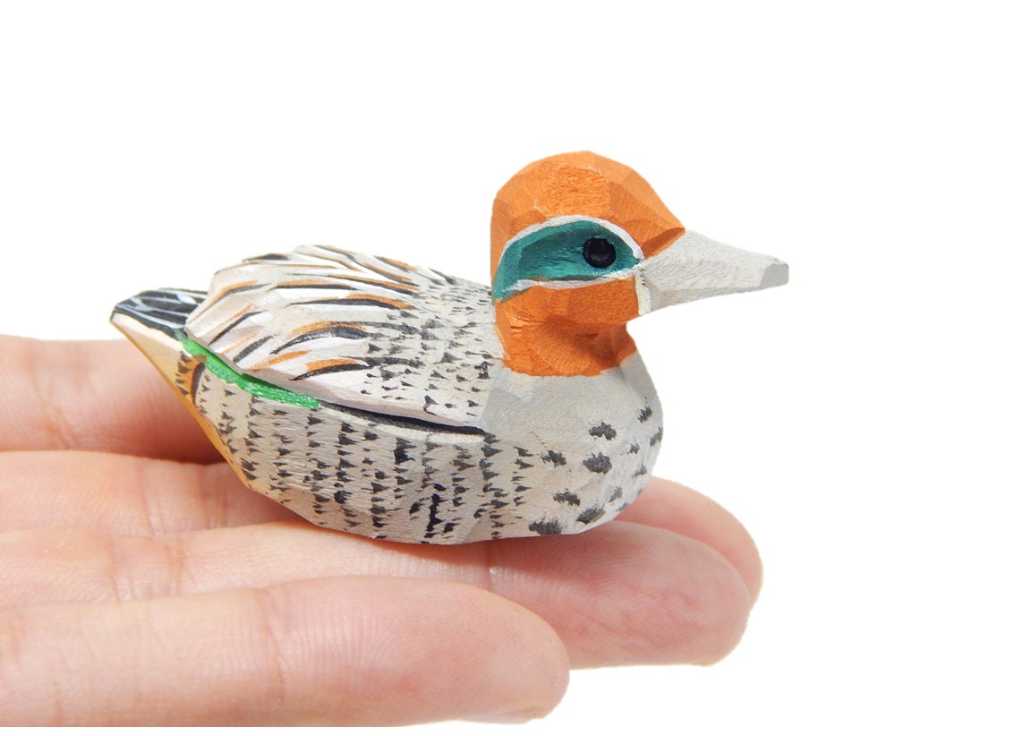 Eurasian Teal Duck - Green Wing Miniature Common Hand Painted Wood Folk Art Decoy Mini Carved Bird Ornament Figurine Small Animal