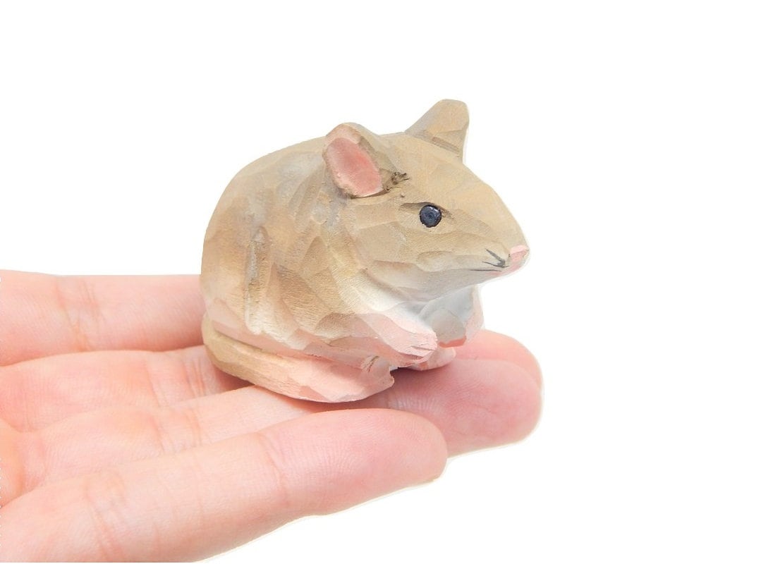 Mouse - Wood Figurine Field House Rat Pet Mice Miniature Handmade Critter Rodent Art Carved Small Animals Collectible