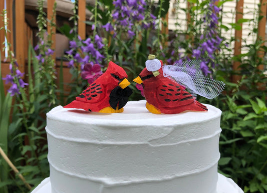 Cardinal Red Love Bird Cake Topper Bride & Groom Wedding Carved Wood