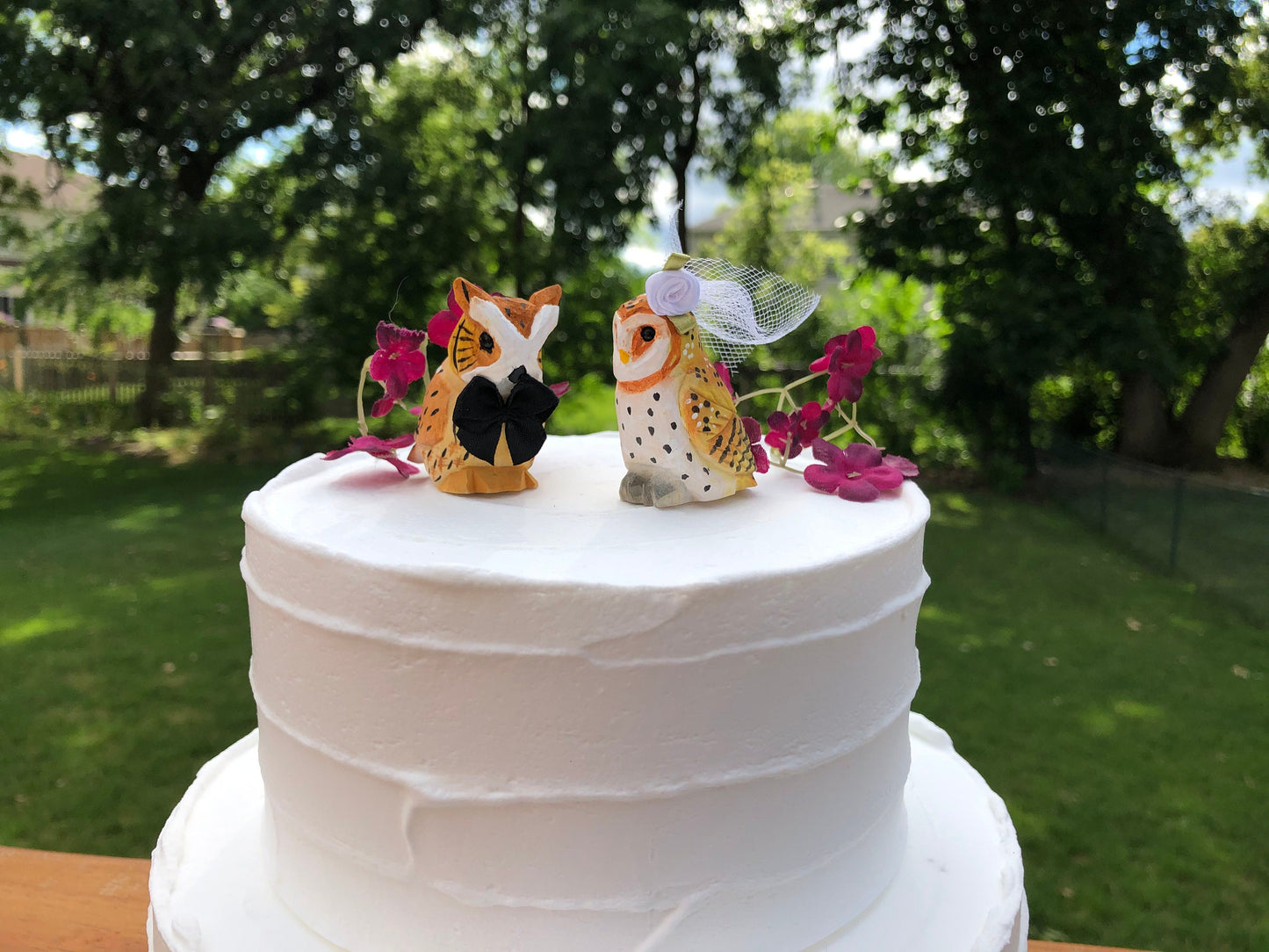 Owl Barn Horned Love Bird Cake Topper Bride & Groom Wedding Engagement Anniversary Carved Wood Statue