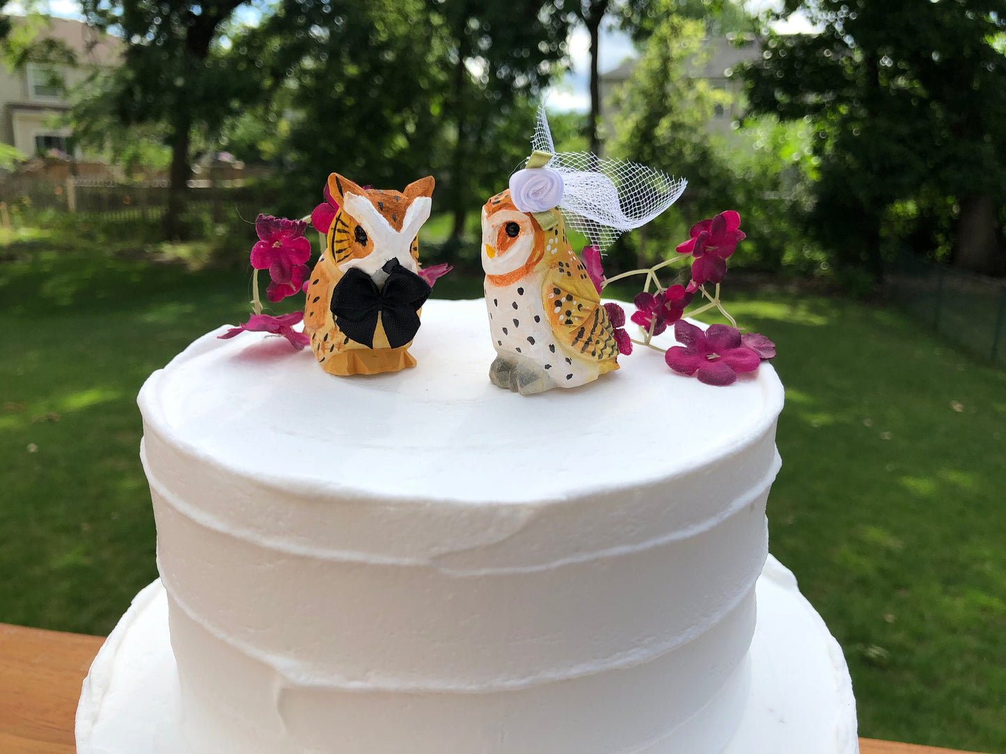 Owl Barn Horned Love Bird Cake Topper Bride & Groom Wedding Engagement Anniversary Carved Wood Statue