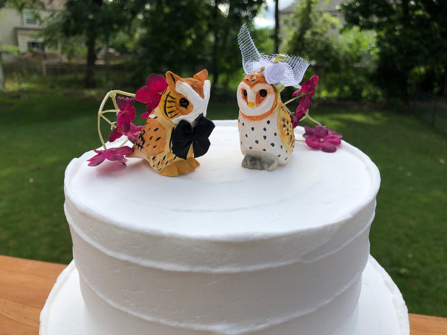 Owl Barn Horned Love Bird Cake Topper Bride & Groom Wedding Engagement Anniversary Carved Wood Statue