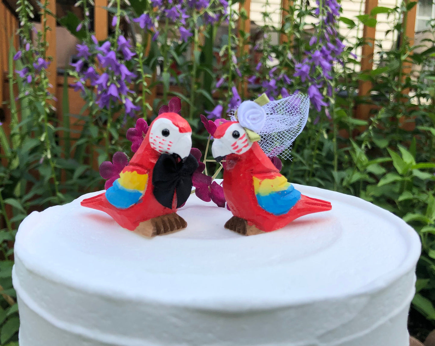 Scarlet Macaw Bird Cake Topper Bride & Groom Wedding Engagement Anniversary Carved Wood Parrot Statue