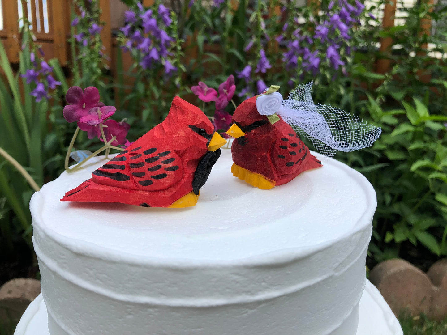 Cardinal Red Love Bird Cake Topper Bride & Groom Wedding Carved Wood