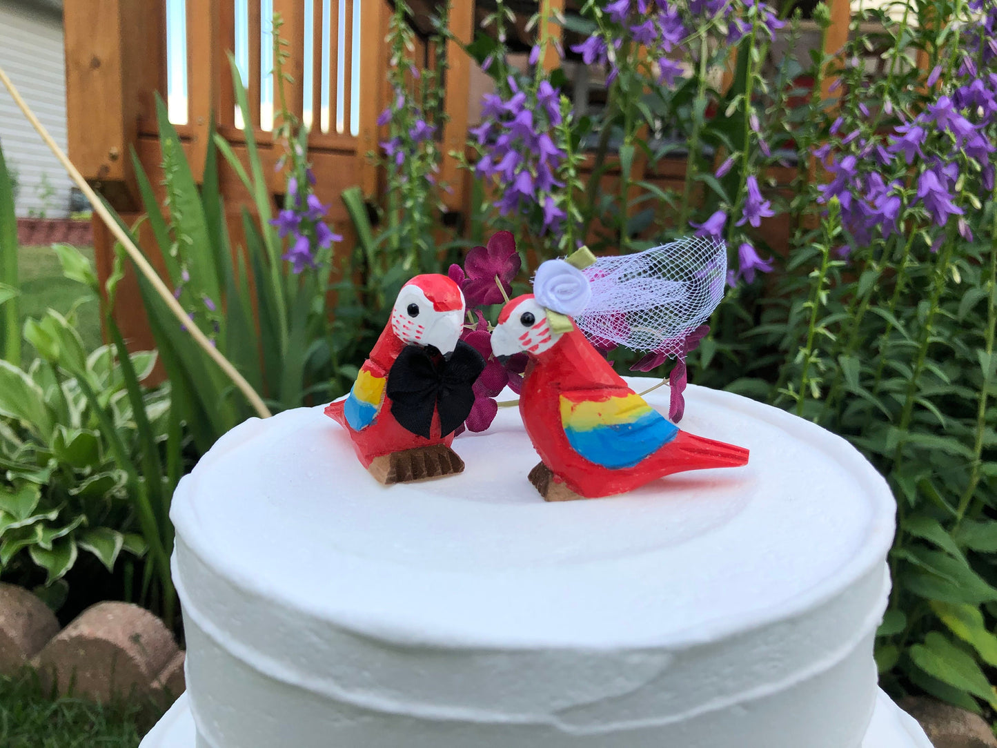 Scarlet Macaw Bird Cake Topper Bride & Groom Wedding Engagement Anniversary Carved Wood Parrot Statue