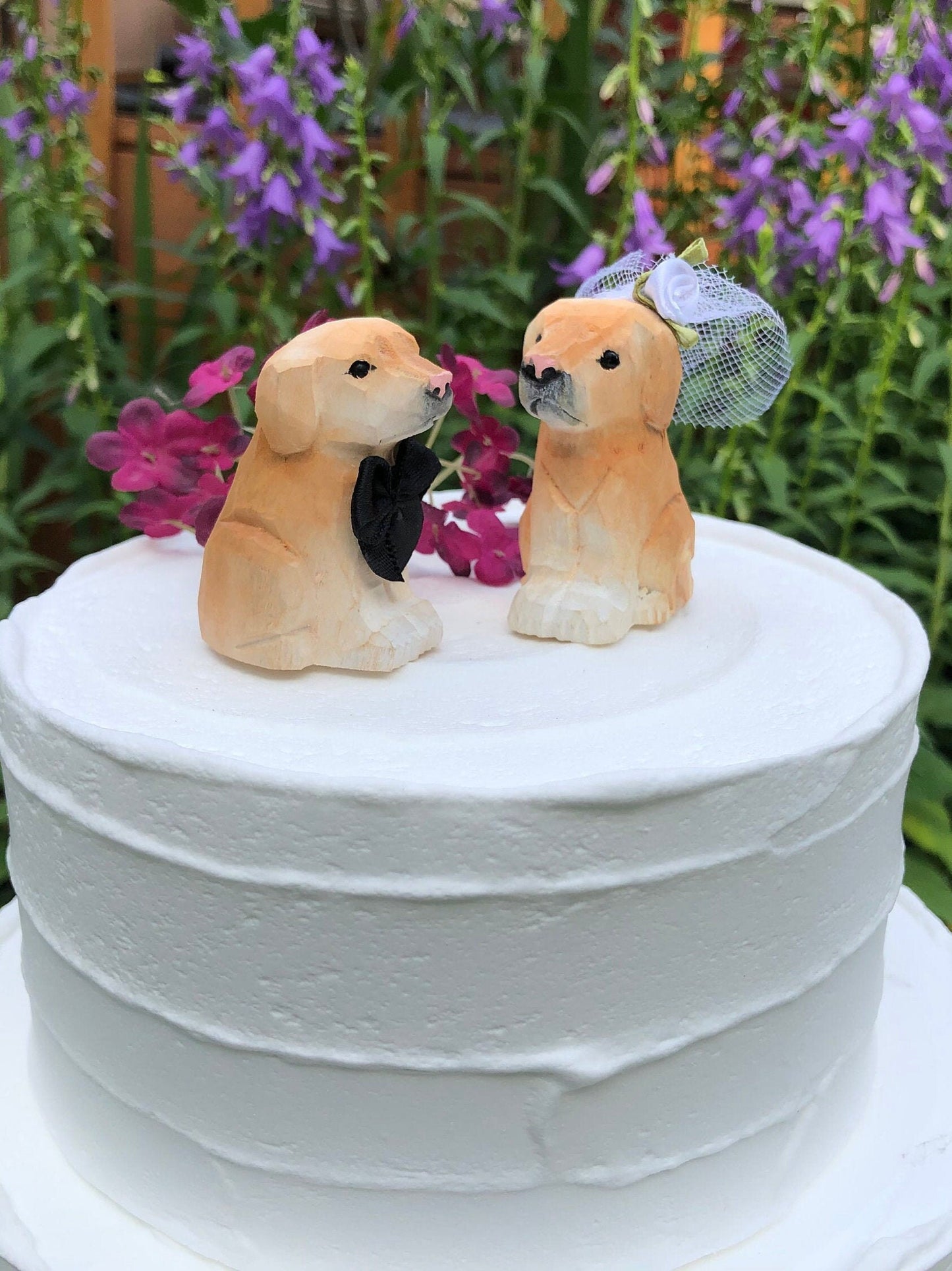 Labrador Retriever Dog Puppy Cake Topper Bride & Groom Wedding Engagement Anniversary Carved Wood Pet Statue