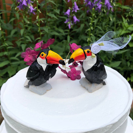 Toucan Love Birds Cake Topper Bride & Groom Wedding Engagement Anniversary Carved Wood Statue