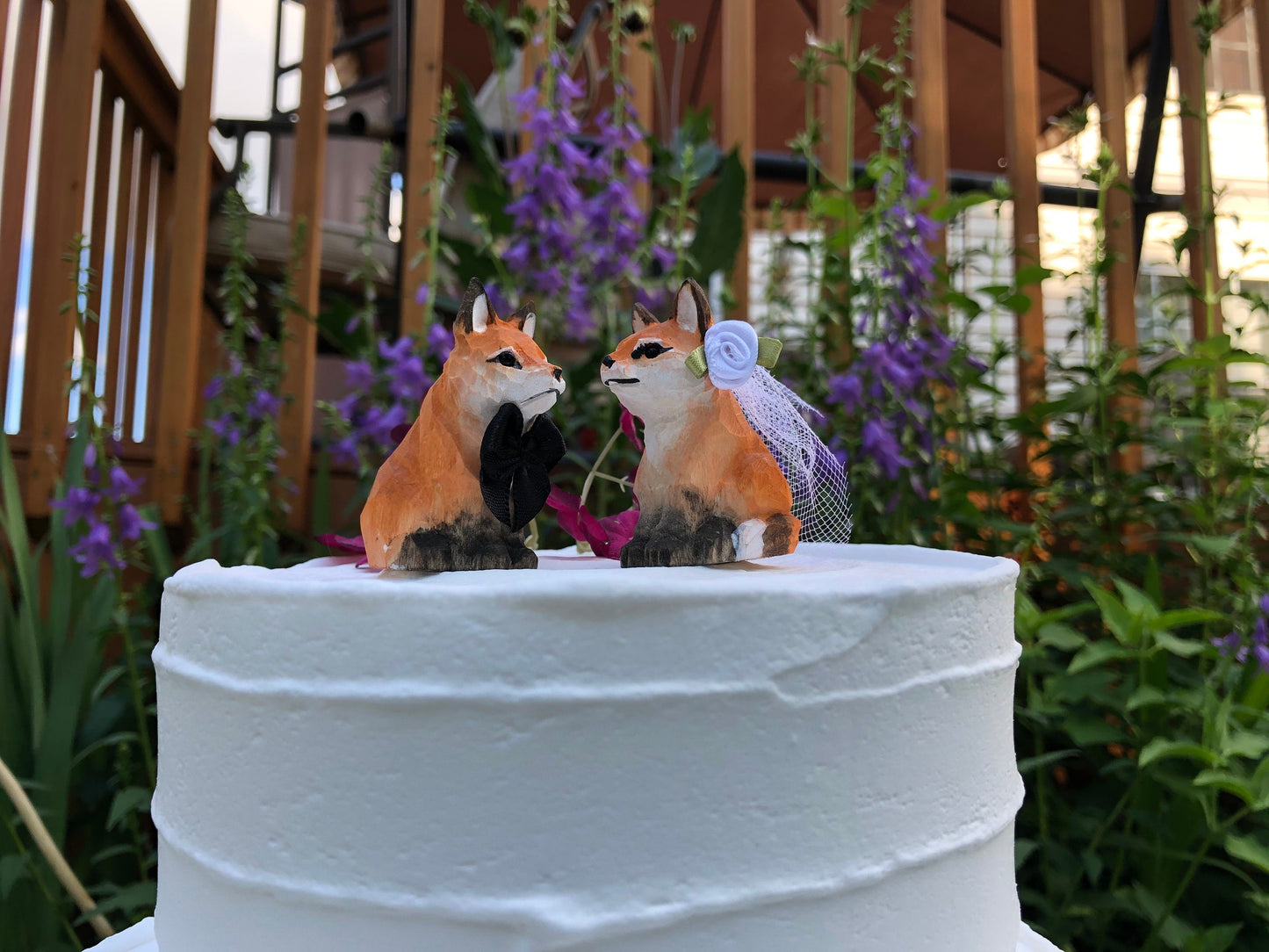 Fox Forest Cake Topper Bride & Groom Wedding Engagement Anniversary Carved Wood Statue