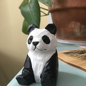 Panda Bear Small Wooden Figurine Statue Carving Handmade Decor Miniature Animals