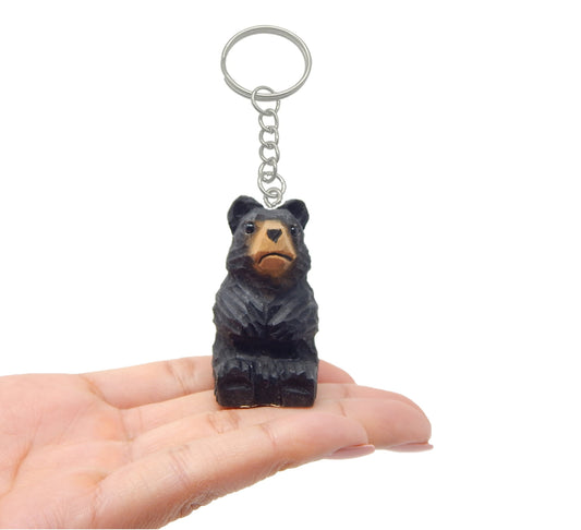 Black Bear Keychain Ring Clip Charm Miniature Wood Mini Figurine Small Animal