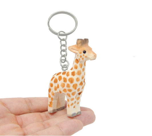 Giraffe Safari Zoo Keychain Ring Clip Charm Miniature Wood Mini Figurine Small Animal