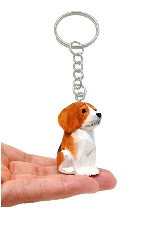 Beagle Dog Puppy Pet Keychain Ring Clip Charm Miniature Wood Mini Figurine Small Animal