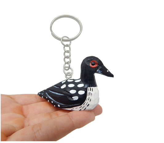 Common Loon Duck Keychain Ring Hook Clip Charm Miniature Wood Mini Figurine Small Animal