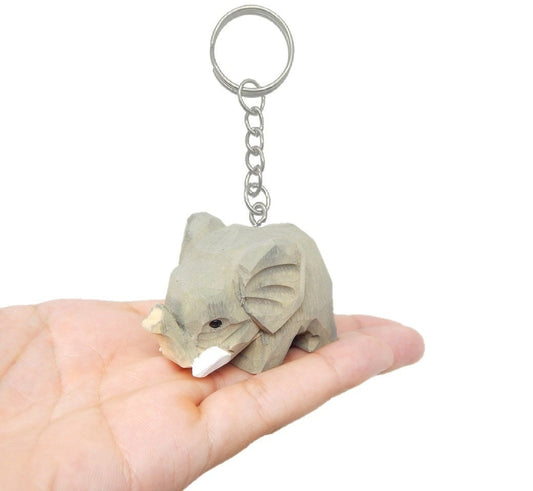Elephant Keychain Ring Clip Charm Miniature Wood Gray Mini Figurine Small Animal