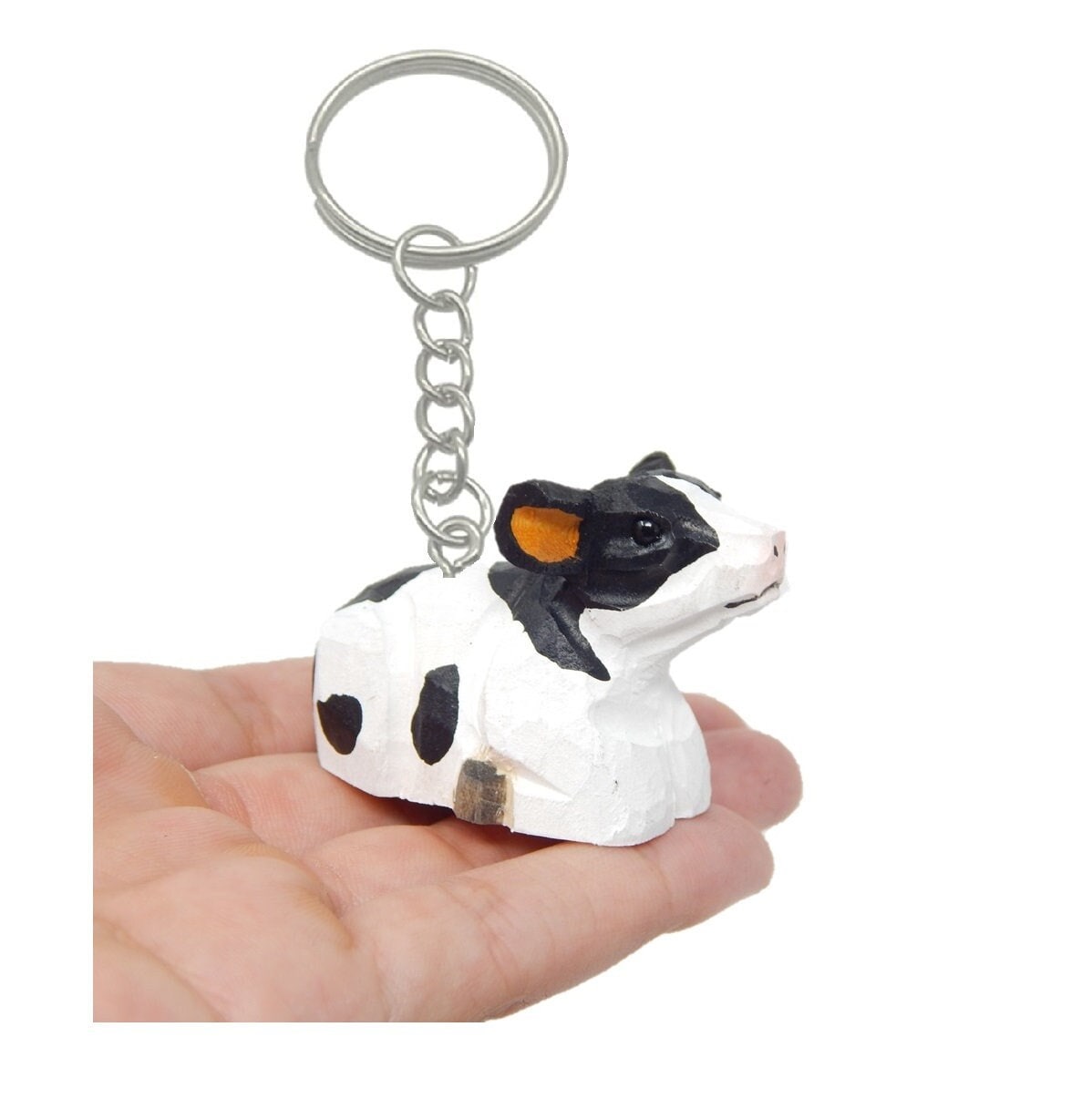 Cow Keychain Ring Hook Clip Charm Miniature Wood Mini Figurine Small Animal