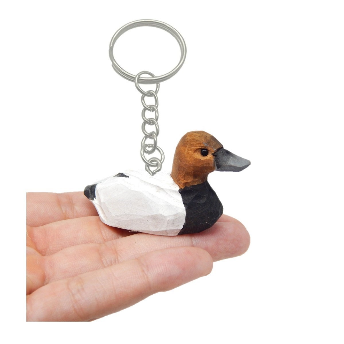 Canvasback Duck Keychain Ring Hook Clip Charm Miniature Wood Mini Figurine Small Animal