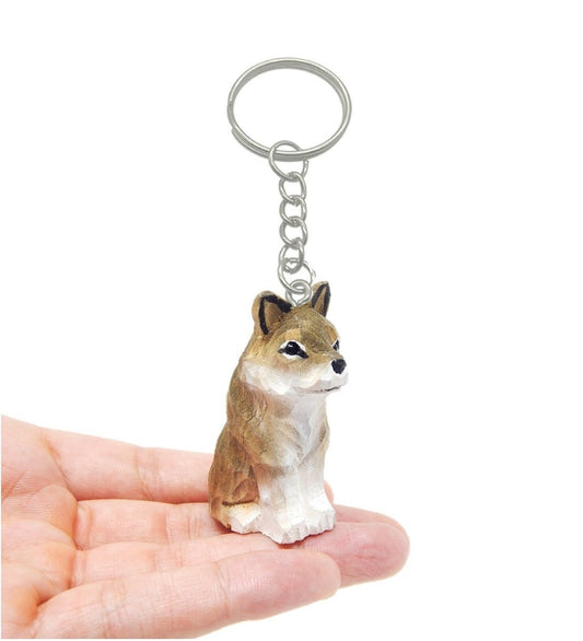 Wolf Keychain Ring Clip Charm Miniature Wood Mini Figurine Small Animal