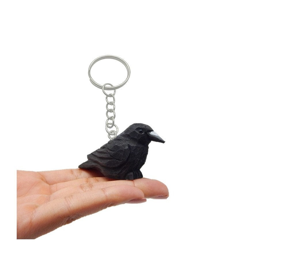 Raven Crow Black Bird Keychain Ring Hook Clip Charm Miniature Wood Mini Figurine Small Animal