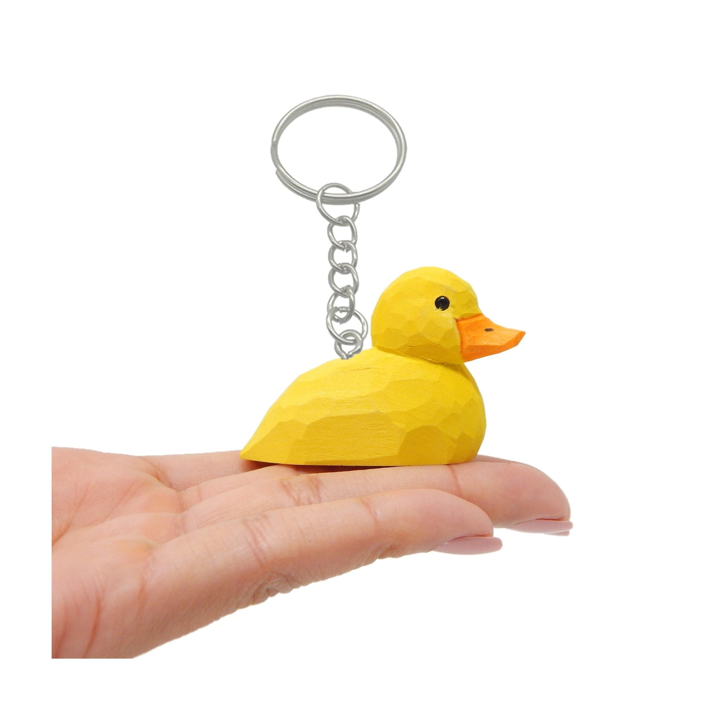 Hand-Carved Wooden Yellow Baby Duck Keychain: Miniature Bird Hook Clip Figurine
