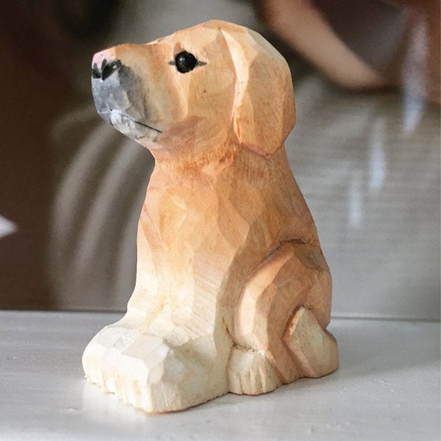 Labrador Retriever Dog Puppy Figurine - Miniature 2 Inch Wooden Carving Handmade Home Decor Small Animal Garden Statue Toy Pet Loss Memorial