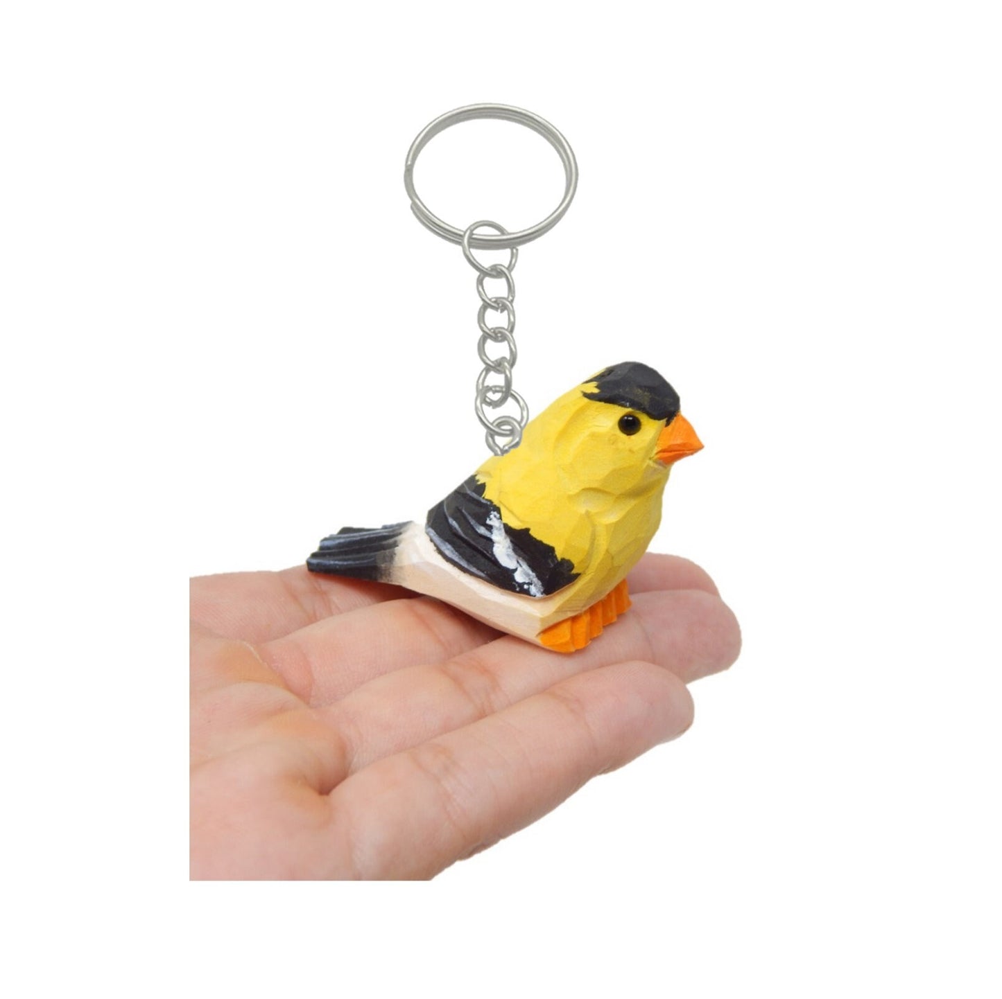 American Goldfinch Bird Keychain Ring Hook Clip Charm Miniature Wood Mini Figurine Small Animal