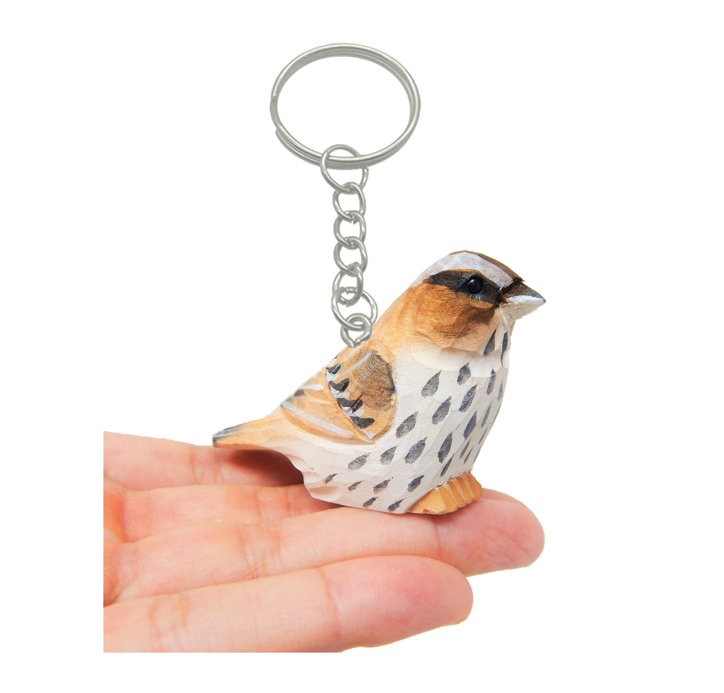 Sparrow Brown Bird Keychain Ring Hook Clip Charm Miniature Wood Mini Figurine Small Animal