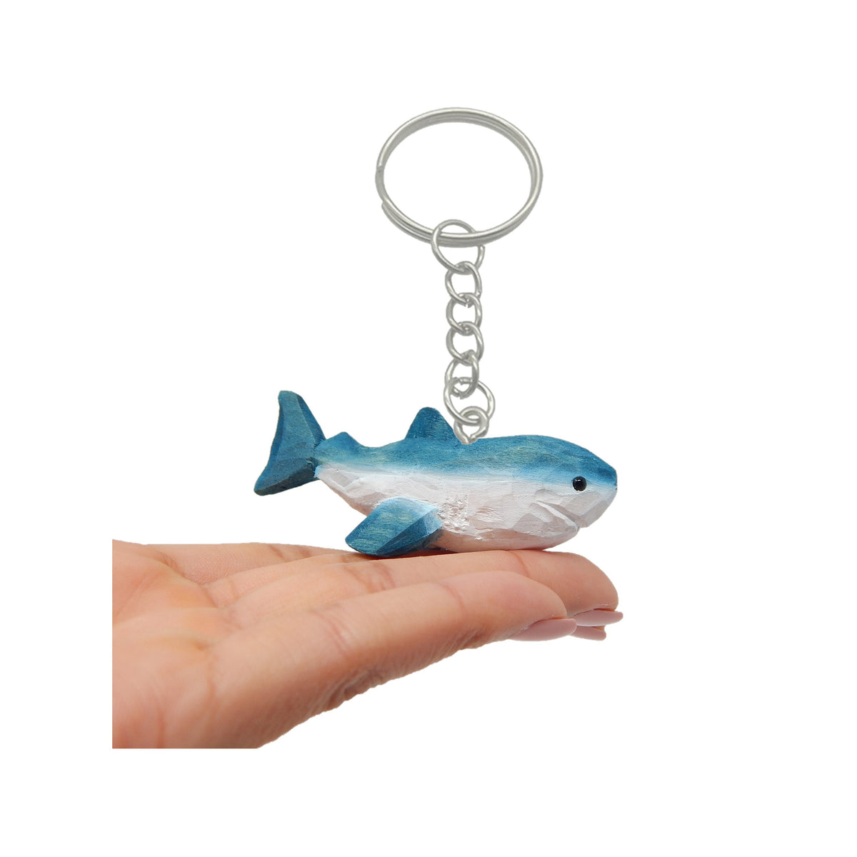 Hand-Carved Wooden Shark Keychain – Miniature Great White Charm