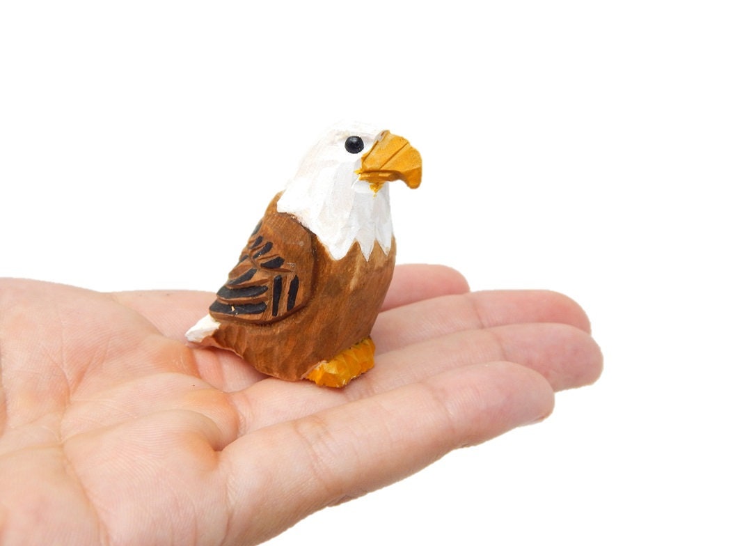 Bald Eagle Keychain Ring Hook Clip Charm Miniature Wood Mini Figurine Small Animal