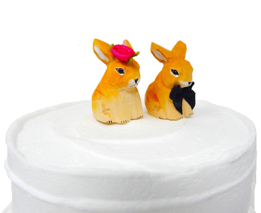 Brown Rabbit Bunny Cake Topper Bride & Groom Wedding Engagement Anniversary Carved Wood Statue