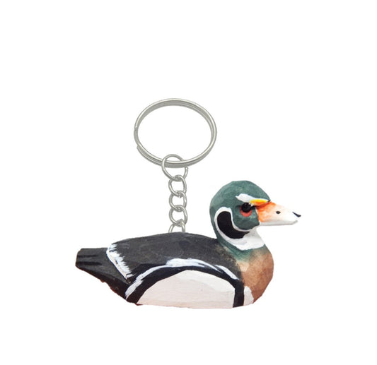 Wood Drake Duck Keychain Ring Hook Clip Charm Miniature Wood Mini Figurine Small Animal