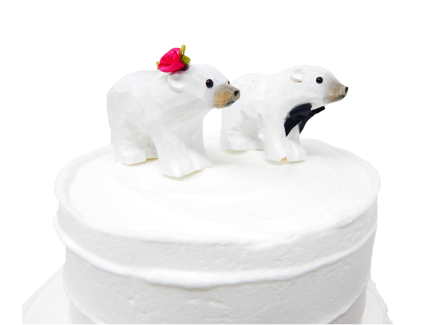 Polar Bear Cake Topper Wedding Bride & Groom Engagement Anniversary Carved Wood White Statue