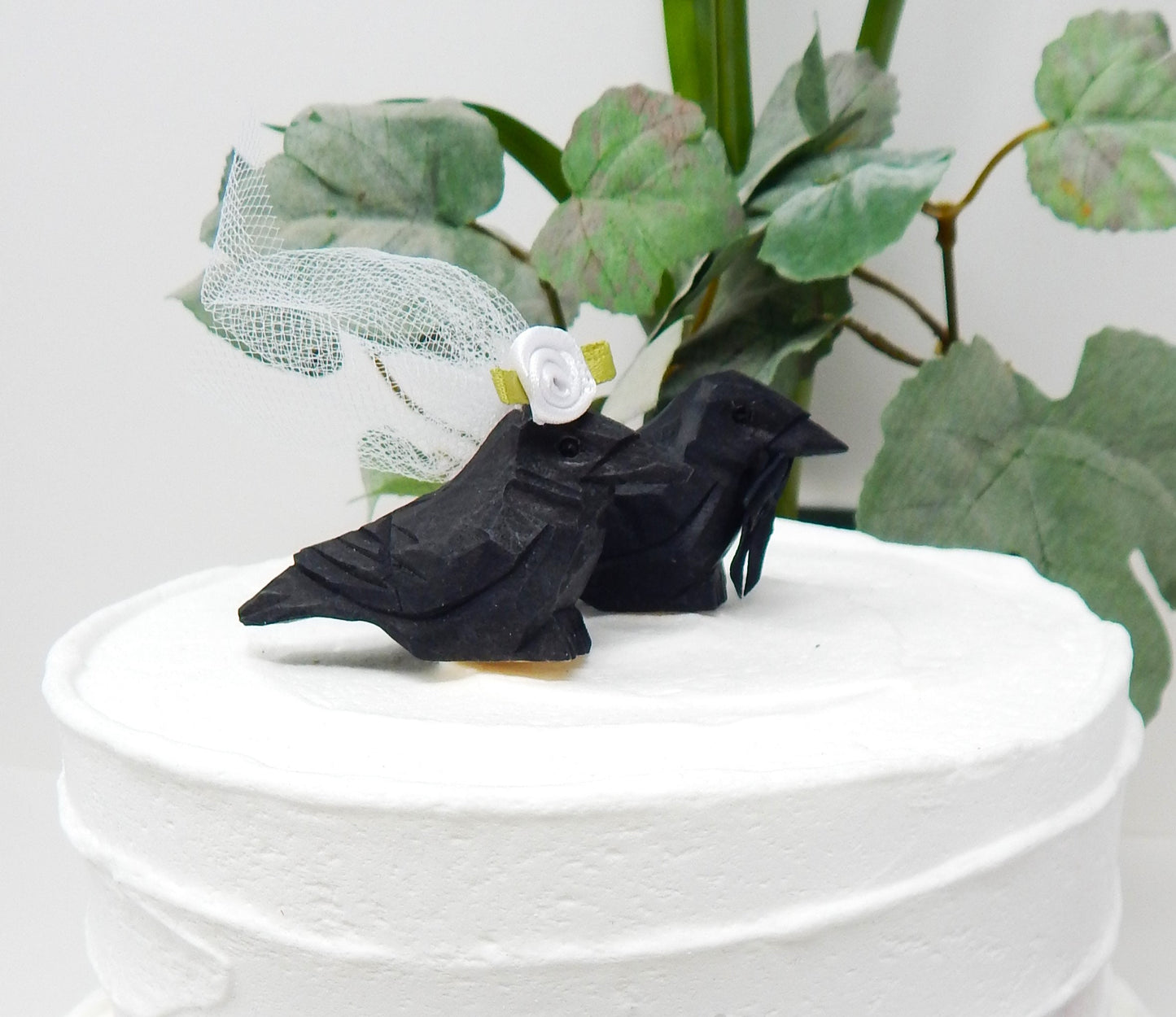 Raven Crow Black Birds Cake Topper Bride & Groom Wedding Engagement Anniversary Carved Wood Statue