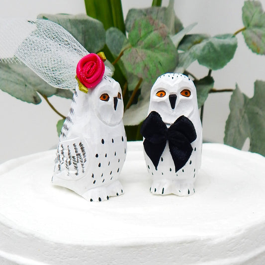 Snow Owl White Birds Cake Topper Bride & Groom Wedding Engagement Anniversary Carved Wood Statue