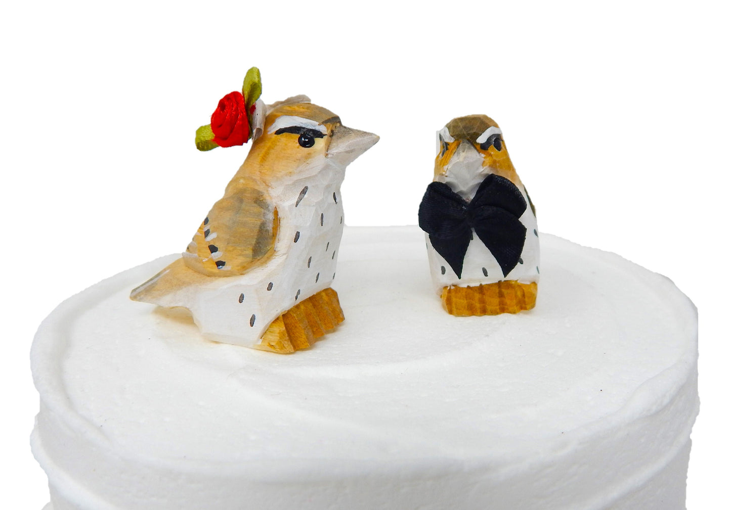 Sparrow Love Bird Cake Topper Bride & Groom Wedding Engagement Anniversary Carved Wood Statue