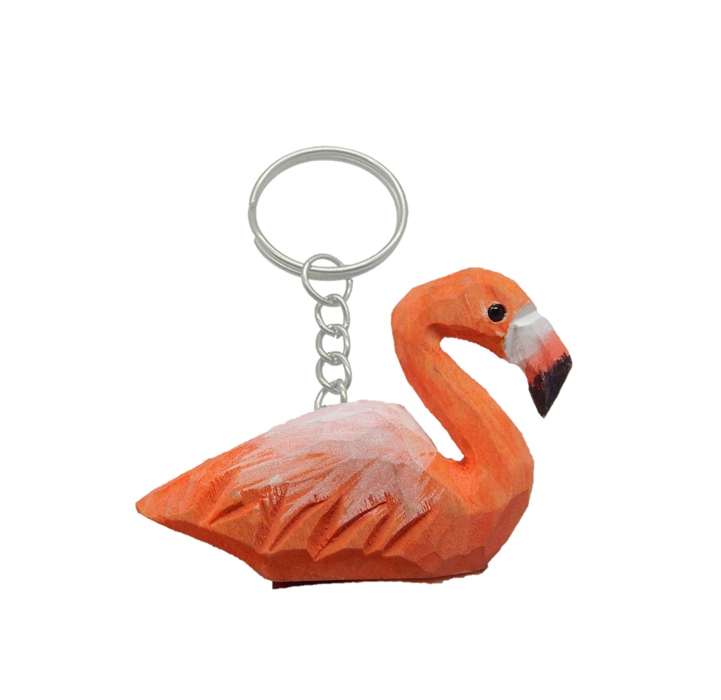 Pink Flamingo Bird Keychain Ring Hook Clip Charm Miniature Wood Mini Figurine Small Animal