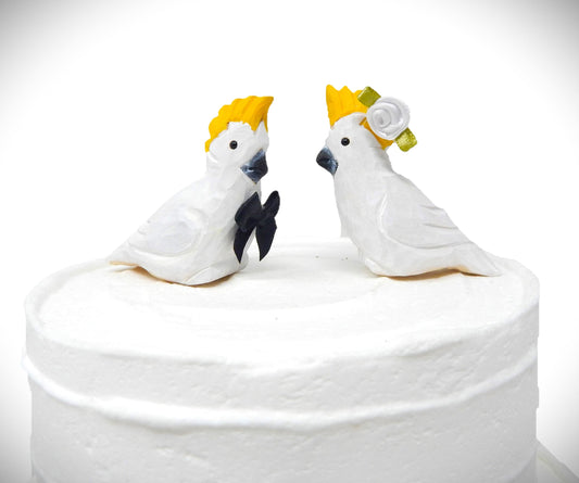 Cockatoo Wedding Cake Topper Love Bird Bride & Groom Engagement Anniversary Carved Wood Statue