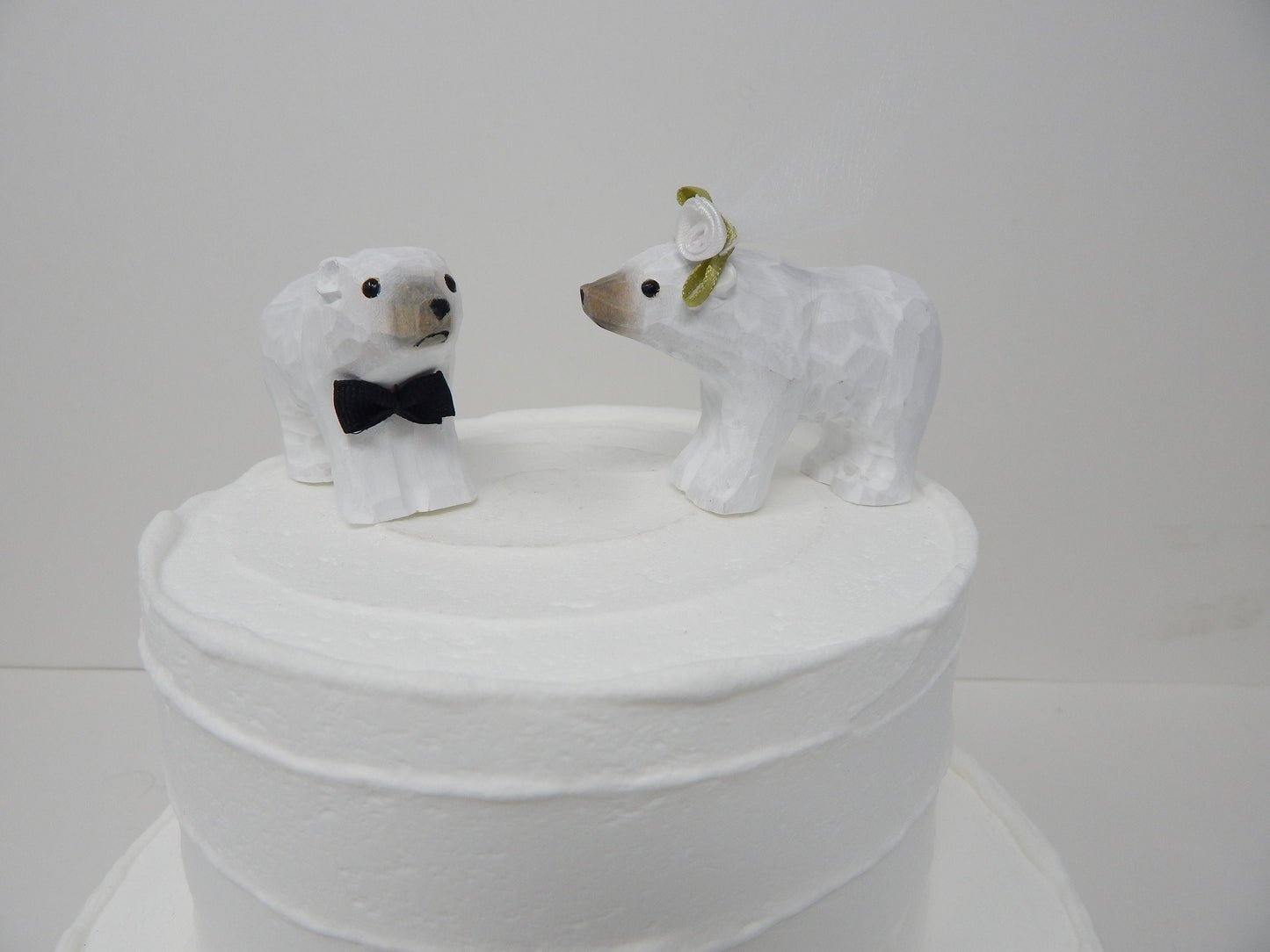 Polar Bear Cake Topper Wedding Bride & Groom Engagement Anniversary Carved Wood White Statue