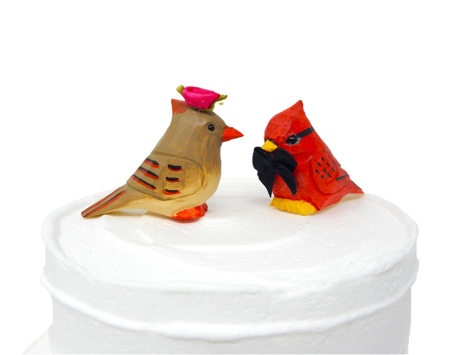 Cardinal Love Red Birds Cake Topper Bride & Groom Wedding Engagement Anniversary Carved Wood Statue