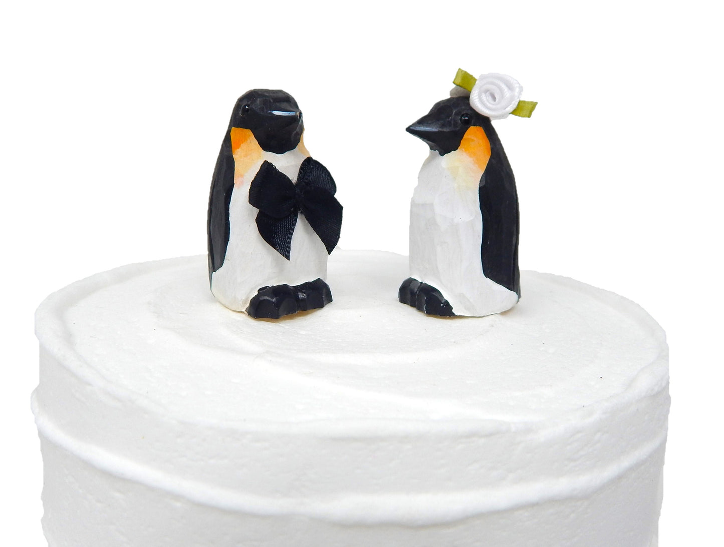 Penguin Love Arctic Bird Cake Topper Bride & Groom Wedding Engagement Anniversary Carved Wood Statue