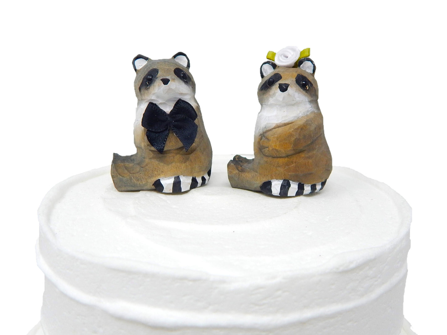 Raccoon Wedding Cake Topper Elegant Handmade Bride & Groom Engagement Anniversary Carved Wood Statue