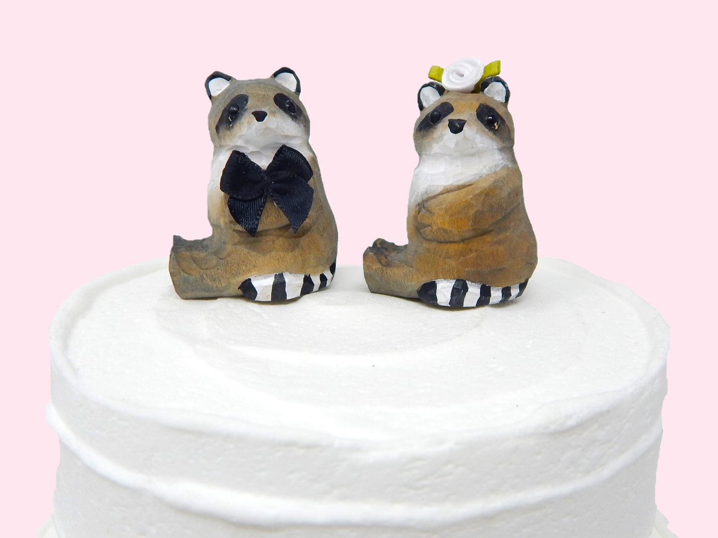 Raccoon Wedding Cake Topper Elegant Handmade Bride & Groom Engagement Anniversary Carved Wood Statue