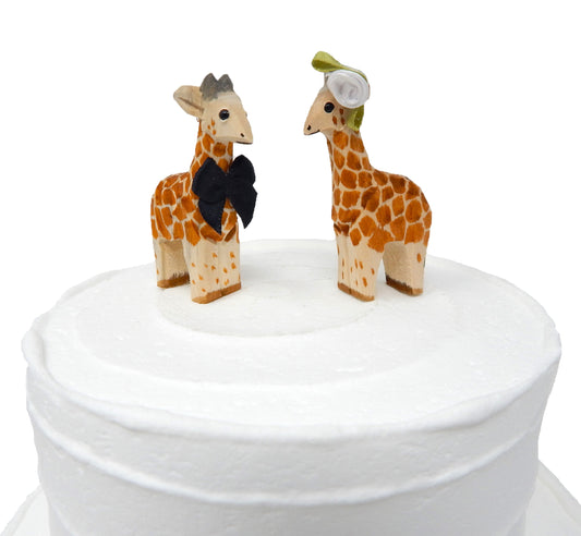 Giraffe Wedding Cake Topper Love Bride & Groom Engagement Anniversary Carved Wood Statue