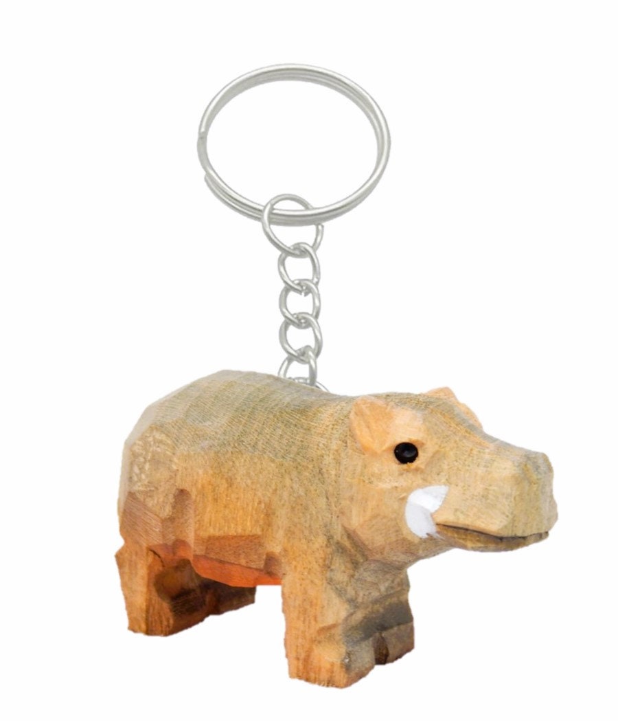 Hippo Keychain Ring Hook Clip Charm Miniature Wood Mini Figurine Small Animal