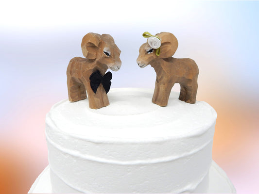 Big Horn Ram Cake Topper Bride & Groom Love Wedding Engagement Anniversary Carved Wood Statue