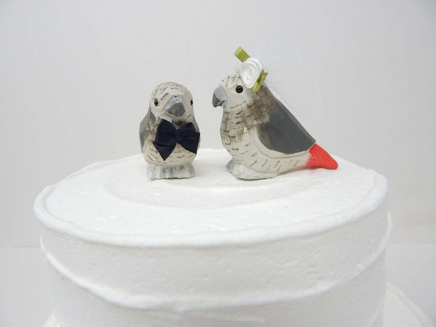 Grey African Parrot Love Bird Cake Topper Bride & Groom Wedding Engagement Anniversary Carved Wood Statue